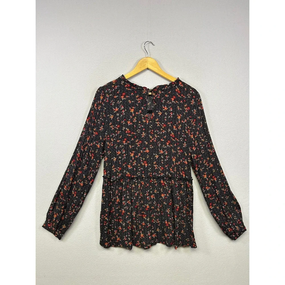 Knox Rose Boho Cottagecore Womens Small Black Floral Peplum Ruffle Blouse